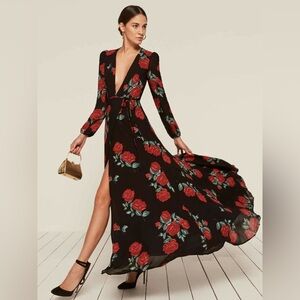 Reformation Milan Rose Floral Black Red Wrap Maxi Dress XS
